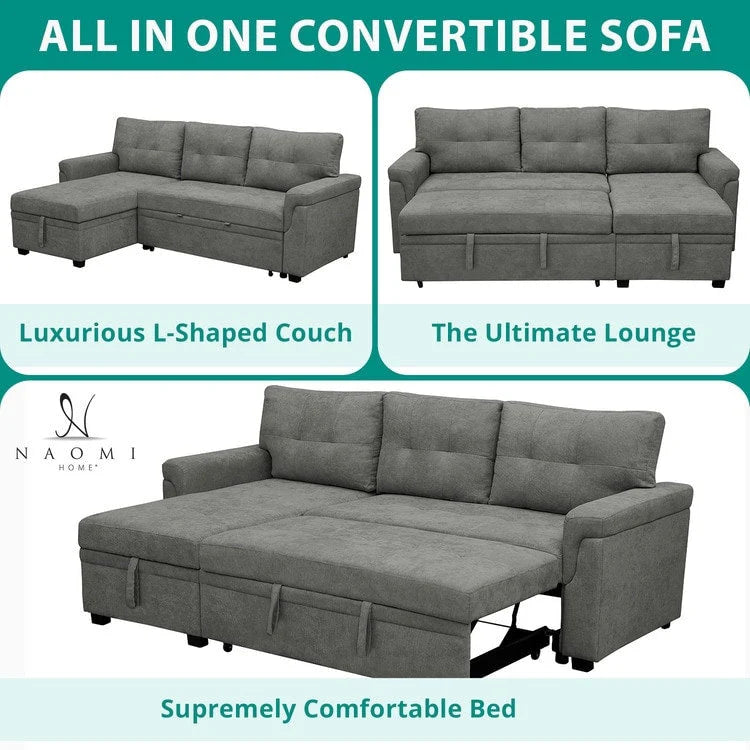Reversible Sectional Sofa with Pull-Out Sleeper Bed, Hidden Storage Chaise, Durable Legs