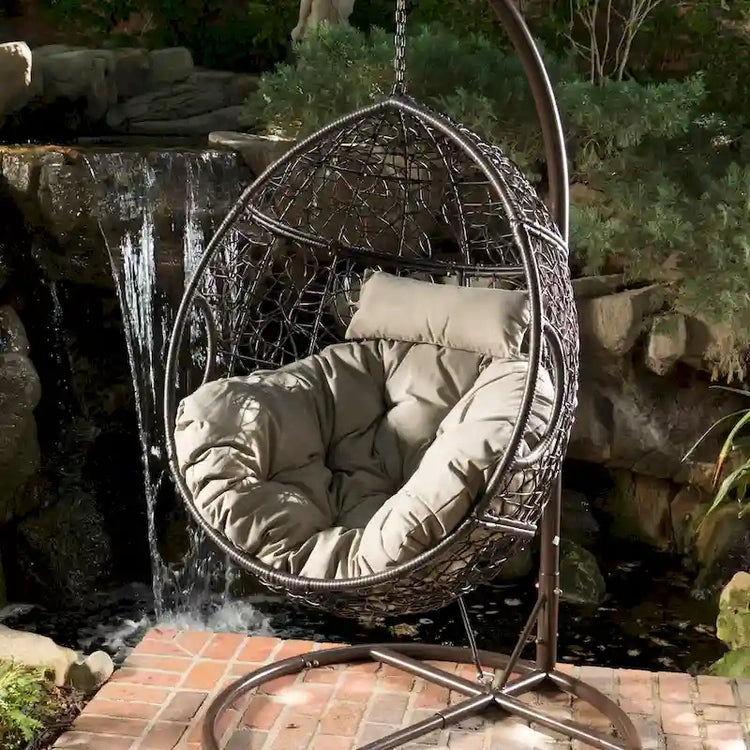Waterproof Outdoor Wicker Hanging Basket Chair with Cushions, Hammock Seat - 300 Lbs Capacity