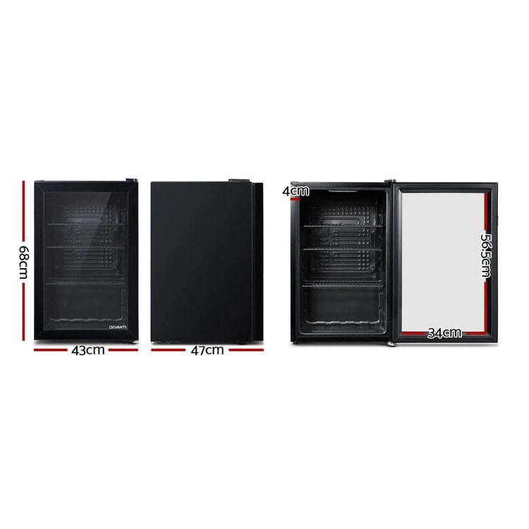 Devanti 70L Bar Fridge Glass Door W/Light Black