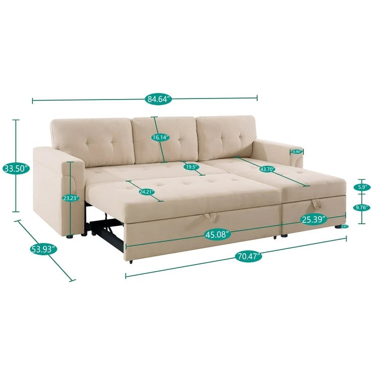 Reversible Sectional Sofa with Pull-Out Sleeper Bed, Hidden Storage Chaise, Durable Legs