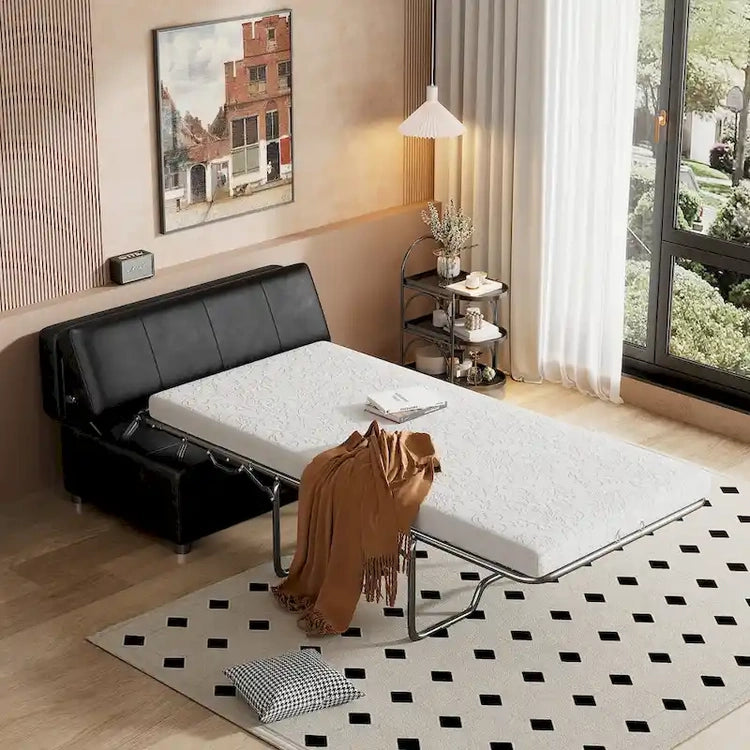 Twin Size Folding Pull Out Ottoman Sleeper Bed with Mattress Convertible Guest Bed, Pu Upholstered Sleeper Sofa