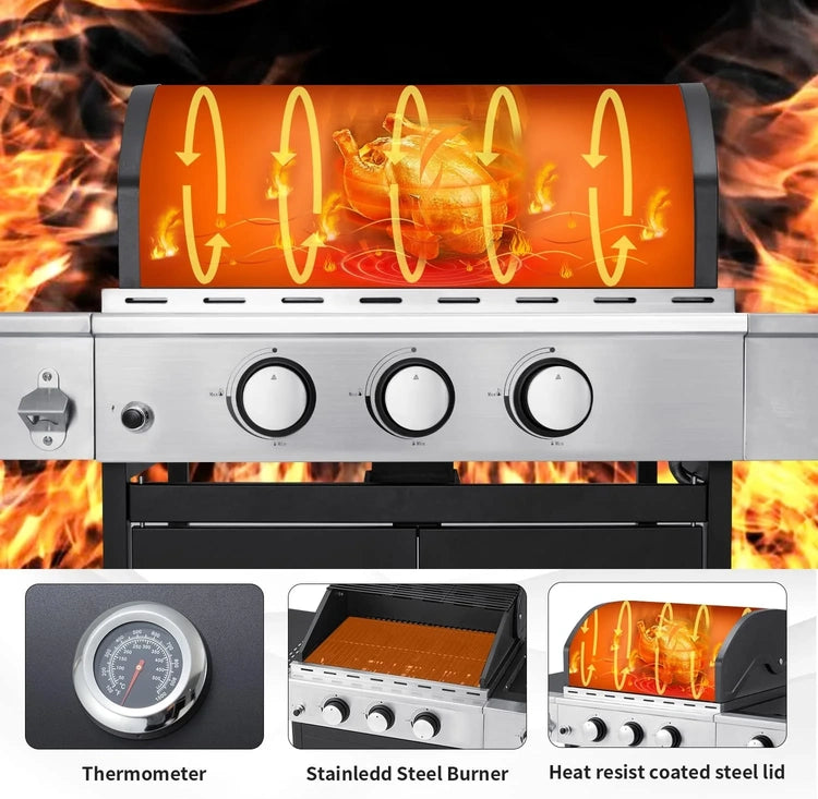 Upgraded 4 Burner BBQ Propane Gas Grill with Cast Iron Grates & Side Stove, 44,000 BTU Stainless Steel Burner Barbecue Grill for Patio, Camping