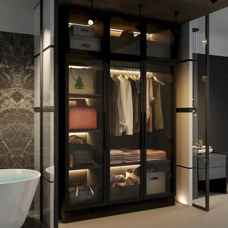 47.2 Wide Armoire LED Light All Glass Door Closet Cabinet Wardrobe