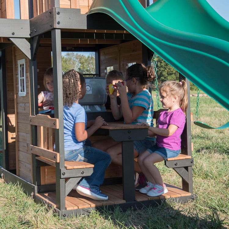 Canyon Creek Cedar Wood Swing Set with Wave Slide, Clubhouse, Play Kitchen, Picnic Area, Belt Swings, Web Swing, Rock Wall, Balconies, Playhouse