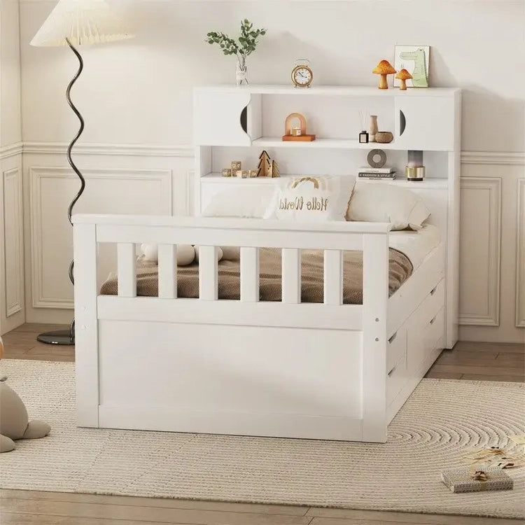 Twin/Full Size Captain Platform Bed with 4 Drawers and Storage Shelves, Solid Wood Bed Frame with Storage Bookcase Headboard