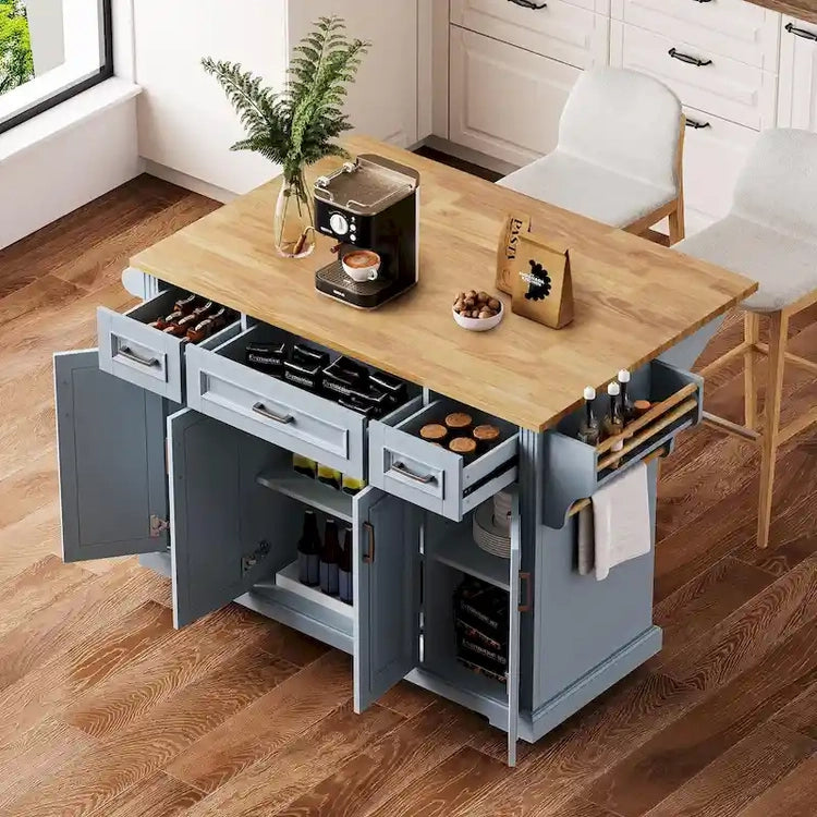 54 Large Kitchen Island with Rubber Wood Drop Leaf, Embossed Texture Rolling Kitchen Cart on 4 Wheels with 4 Doors & 3 Drawers
