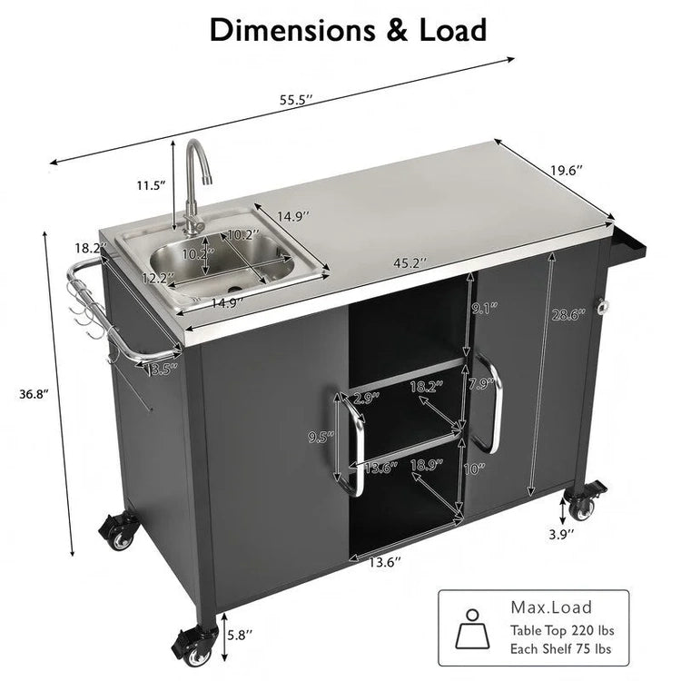 Outdoor Kitchen Island with Sink, Outdoor Bar Cart Sink Station with 4 Lockable Wheels