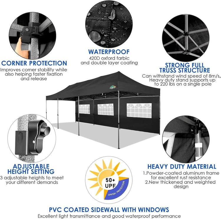 Cobizi 10x20 Heavy Duty Pop up Canopy Tent with 6 Sidewalls Easy up Commercial Outdoor Canopy Wedding Party Tents