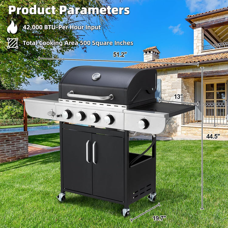 Upgraded 4 Burner BBQ Propane Gas Grill with Cast Iron Grates & Side Stove, 44,000 BTU Stainless Steel Burner Barbecue Grill for Patio, Camping