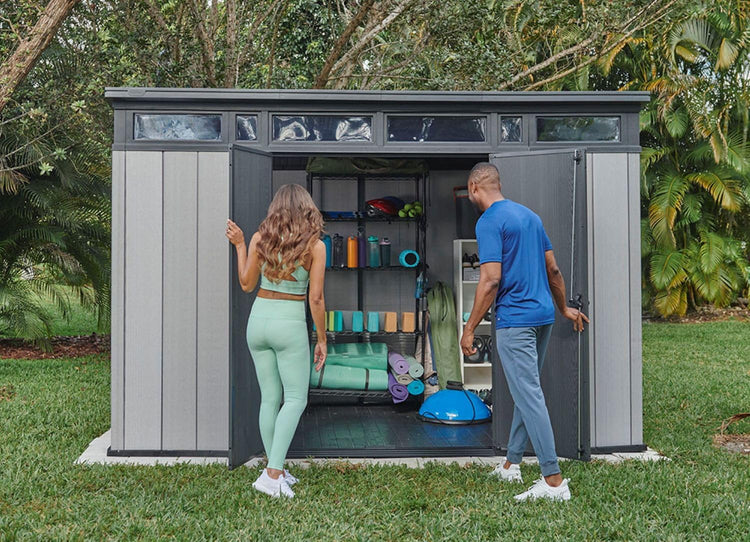 Keter Artisan 11x7 Modern Resin Outdoor Storage Shed Kit- to Store Patio Furniture, Garden Tools Bike Accessories, Beach Chairs and Lawn Mower