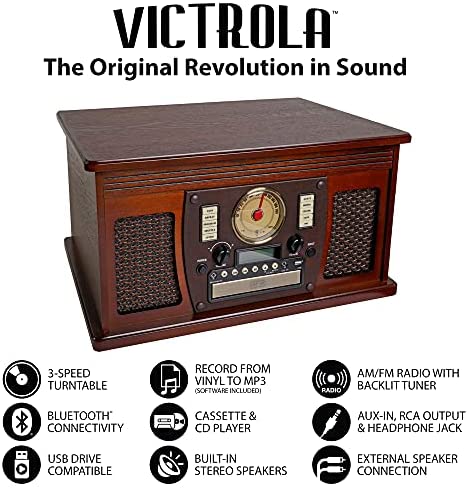 Victrola 8-in-1 Bluetooth Record Player & Multimedia Center, Built-in Stereo Speakers - Turntable, Wireless Music Streaming