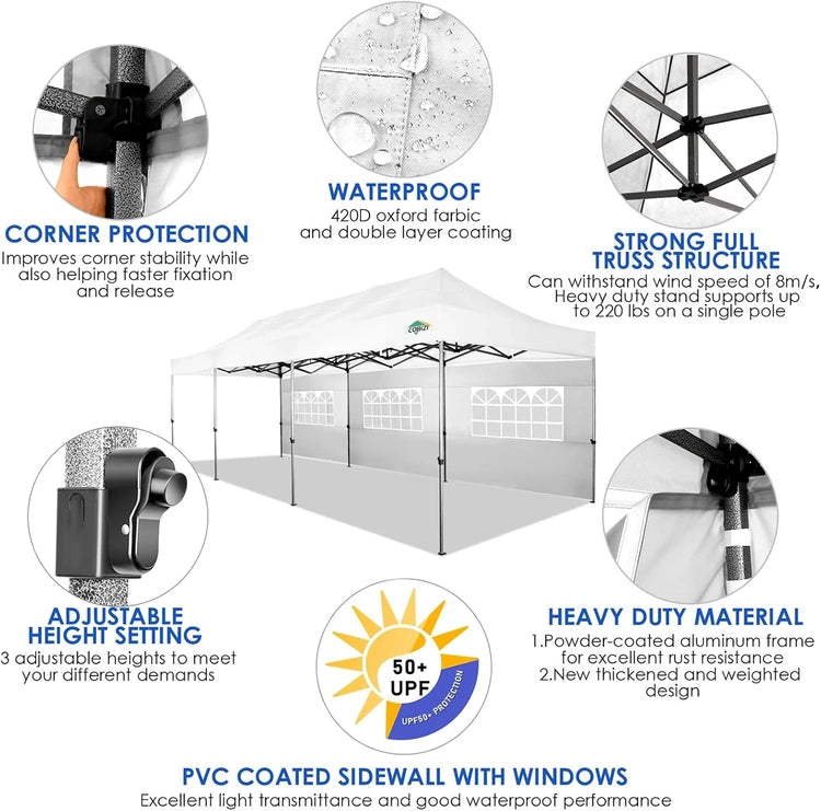 Cobizi 10x20 Heavy Duty Pop up Canopy Tent with 6 Sidewalls Easy up Commercial Outdoor Canopy Wedding Party Tents