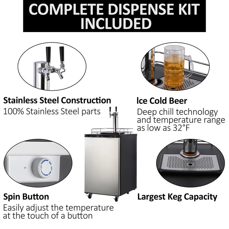 Beer Kegerator, Dual Tap Draft Beer Dispenser, Full Size Stainless Steel Keg Refrigerator with Drip Tray, CO2 Cylinder