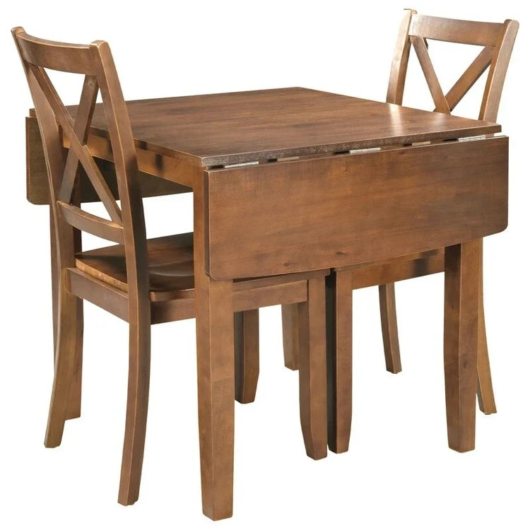 3-Piece Wood Drop Leaf Breakfast Nook Dining Table Set with 2 X-Back Chairs for Small Places