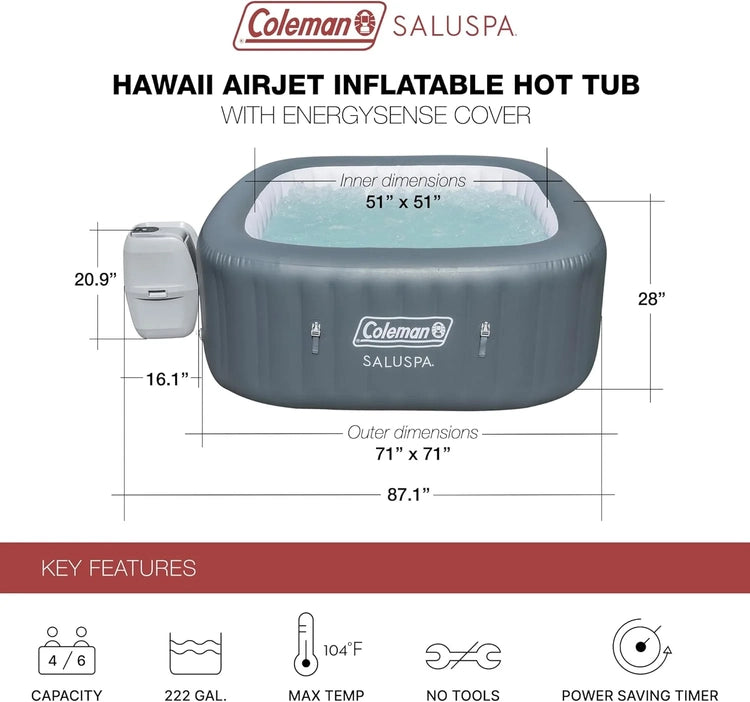 Coleman Saluspa Atlantis Airjet 4 to 6 Person Inflatable Hot Tub Square Portable Outdoor Spa with 140 Soothing Jets with Cover, Blue