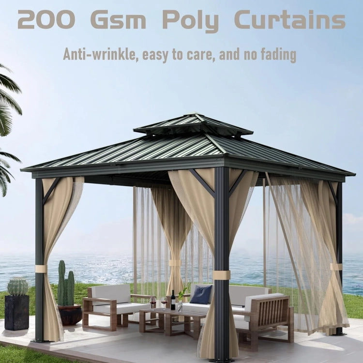 10x10 Hardtop Gazebo with Double Metal Roof, Aluminum Frame, Net, and Curtain. All-Weather, Ideal for Patio, Deck, Garden, Backyard. Khaki