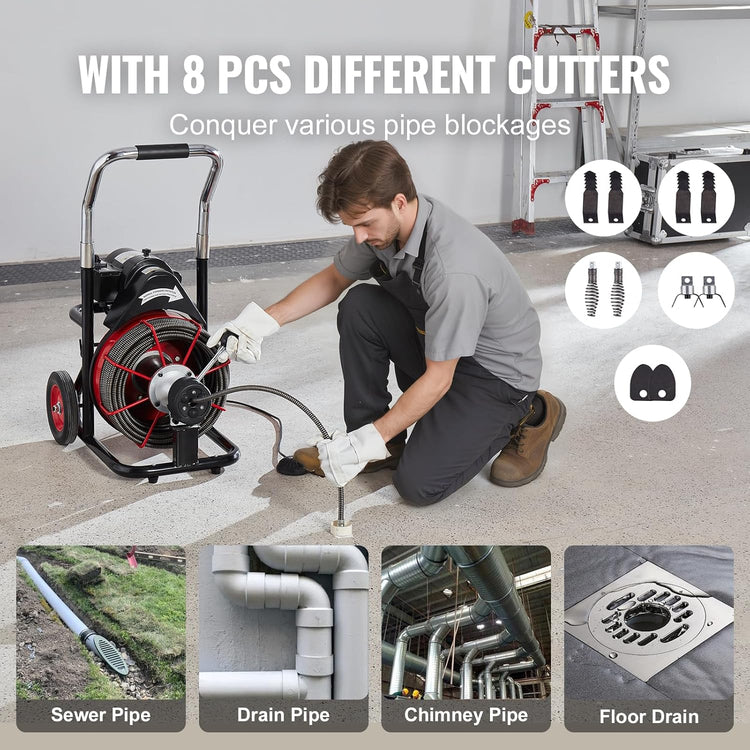 Drain Cleaner Machine 100FT X 1/2 Inch, Auto Feed Sewer Snake Auger on Wheels, 550W Portable Drain Cleaning Machine