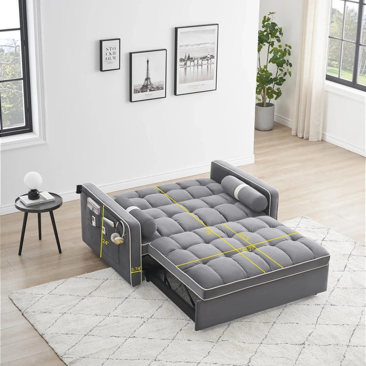 3 in 1 Sleeper Sofa Couch Bed, Small Tufted Velvet Convertible Loveseat Futon Sofa W/Pullout Bed, Adjustable Backrest, Cylinder Pillows