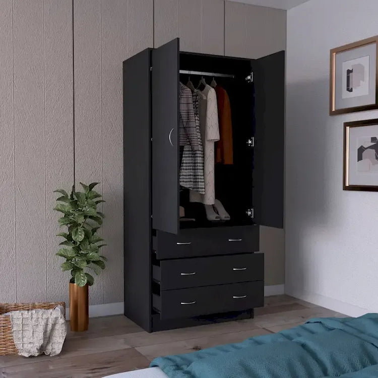 19 Modern Double-Door Armoire with 3 Drawers and 1 Hanging Rod for Bedroom