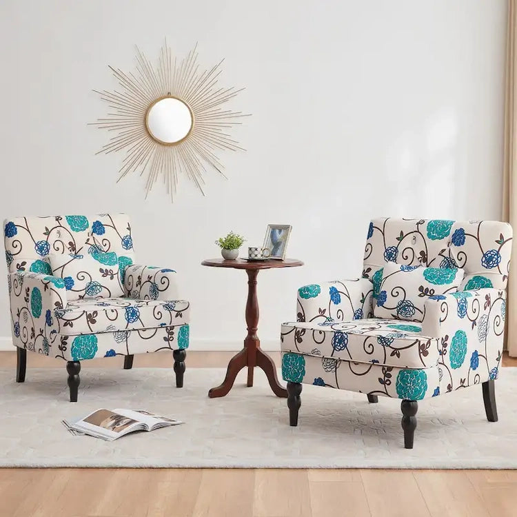 Set of 2 Arm Chair Upholstered Button Tufted Accent Chair with Lumbar Pillow Beige/Grey/Light Blue