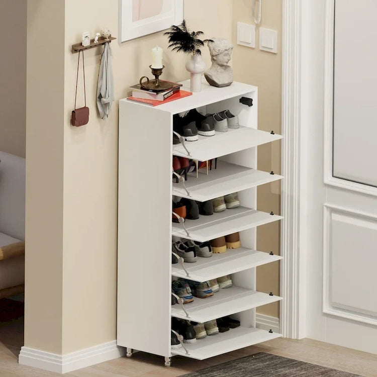 Mirror Shoe Cabinet with 6 Flip Drawers, Shoe Rack Organizer Store Ample Shoes,4 Metal Legs, Hand-Touch Flip-Out Door