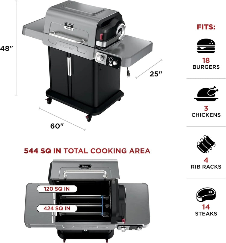 Ninja Flexflame, Grill and Smoker, Electric and Propane Grill, Roaster, BBQ Grill, 5-in-1 Cooking System, 3 Burner, Digital Control, Outdoor Cooking
