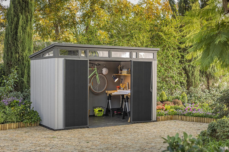 Keter Artisan 11x7 Modern Resin Outdoor Storage Shed Kit- to Store Patio Furniture, Garden Tools Bike Accessories, Beach Chairs and Lawn Mower