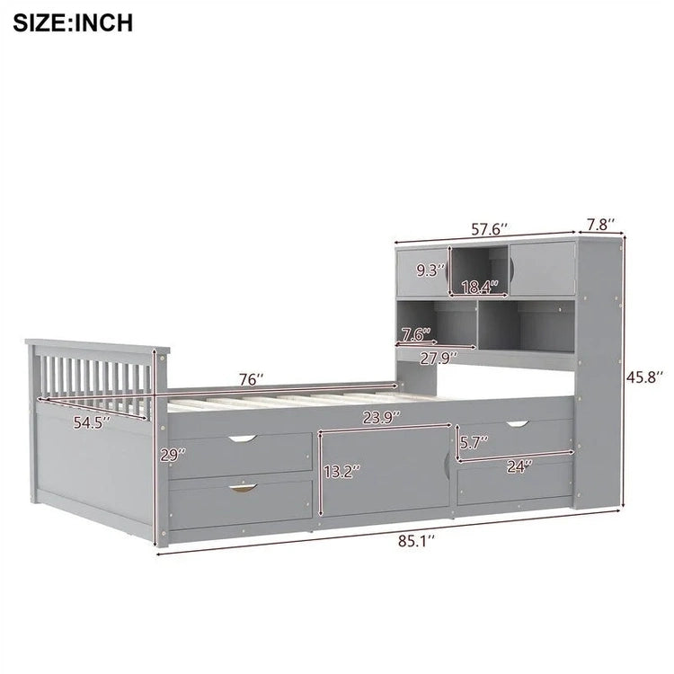 Twin/Full Size Captain Platform Bed with 4 Drawers and Storage Shelves, Solid Wood Bed Frame with Storage Bookcase Headboard