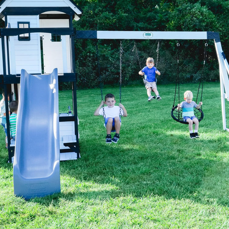 Canyon Creek Cedar Wood Swing Set with Wave Slide, Clubhouse, Play Kitchen, Picnic Area, Belt Swings, Web Swing, Rock Wall, Balconies, Playhouse
