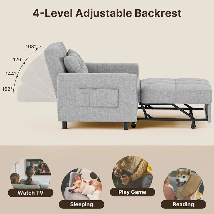 3-in-1 Pull-Out Sofa Bed Sleeper Chair, Convertible Adjustable Foldable Upholstered Lounge Couch