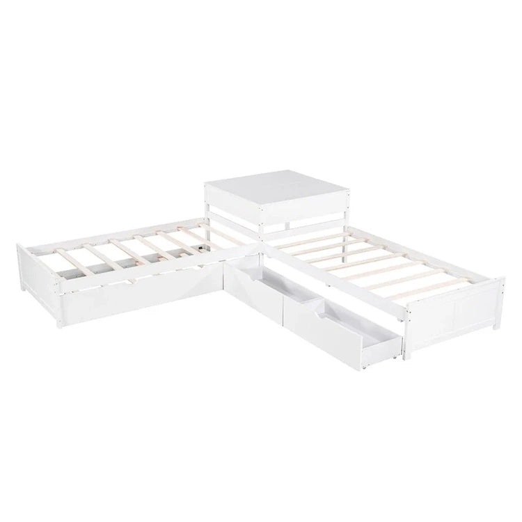 White Modern Twin Size L-Shaped Platform Bed with Trundle and Drawers for Bedroom