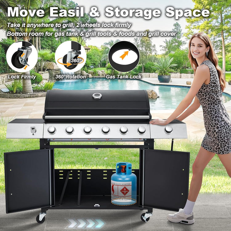 Upgraded 4 Burner BBQ Propane Gas Grill with Cast Iron Grates & Side Stove, 44,000 BTU Stainless Steel Burner Barbecue Grill for Patio, Camping