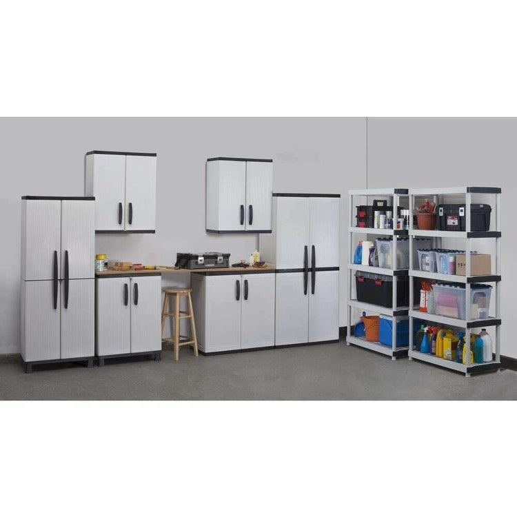 Gray Plastic Freestanding Garage Cabinet, 35''W X 71''H X 18''D, with Adjustable Shelves and Lockable Doors