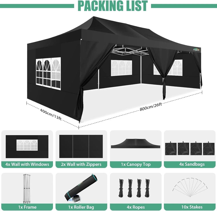 Cobizi 10x20 Heavy Duty Pop up Canopy Tent with 6 Sidewalls Easy up Commercial Outdoor Canopy Wedding Party Tents