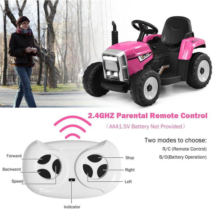 Kids Ride on Tractor W/Trailer 12V Battery Powered Electric Riding Toy Car Vehicle with 3-Gear-Shift Ground Loader