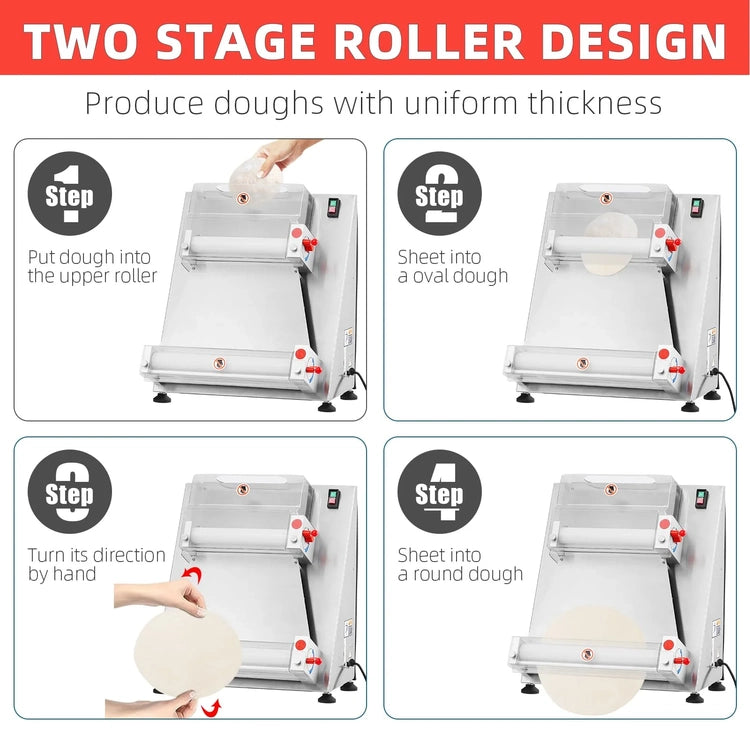 Commercial Pizza Dough Roller Sheeter, Max 16", Automatic 370W Electric Pizza Dough Roller, Stainless Steel, Suitable for Noodle