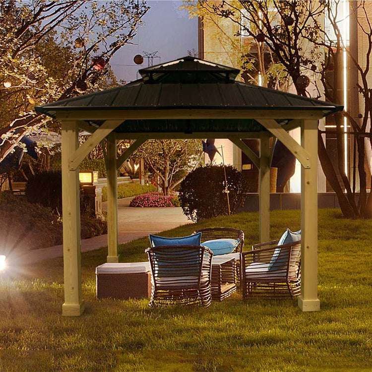 10 X Ft Outdoor Patio Hardtop Gazebo with Wood Frame & 2-Tier Metal Roof, All-Weather Gazebo Pergolas Shelter