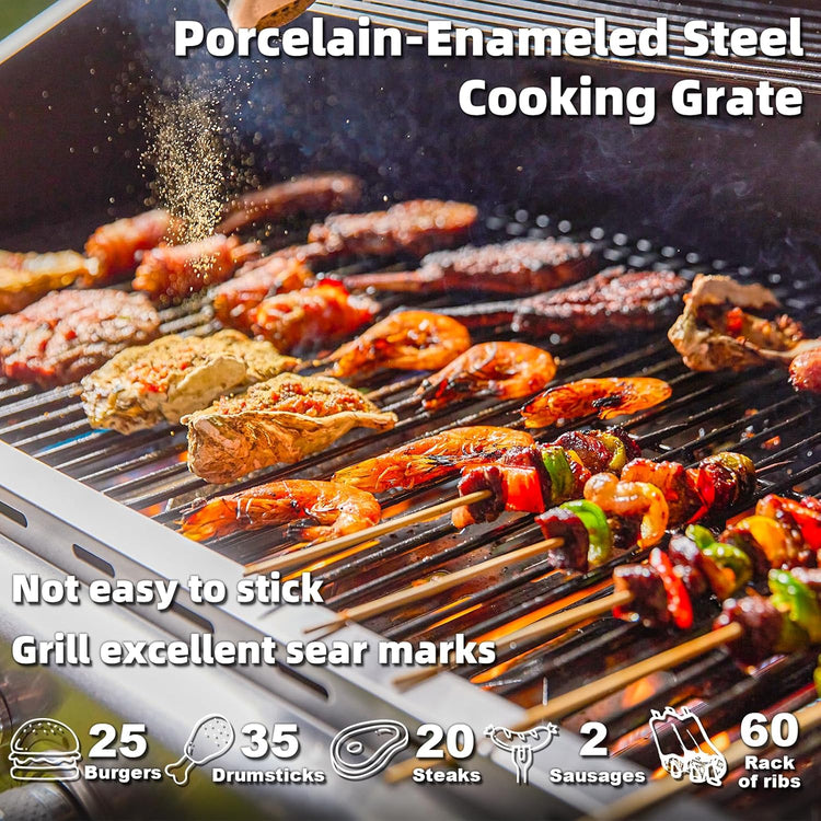 Upgraded 4 Burner BBQ Propane Gas Grill with Cast Iron Grates & Side Stove, 44,000 BTU Stainless Steel Burner Barbecue Grill for Patio, Camping