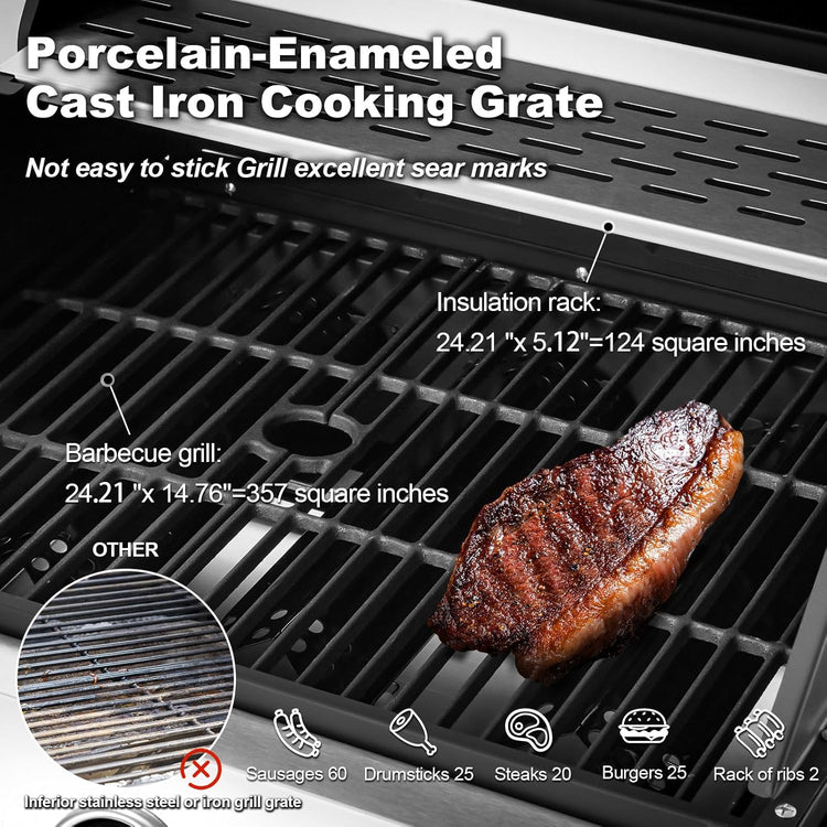 Upgraded 4 Burner BBQ Propane Gas Grill with Cast Iron Grates & Side Stove, 44,000 BTU Stainless Steel Burner Barbecue Grill for Patio, Camping