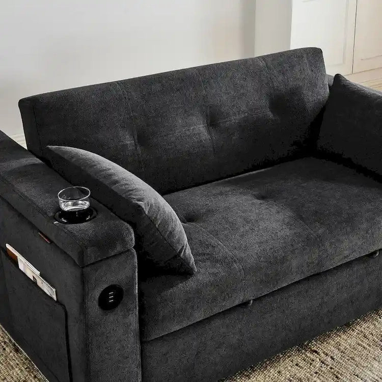 54 Pull-Out Sleeper Sofa Bed, 2 Seat Recliner Sofa Bed with Storage, Lumbar Pillow, USB Power Outlet