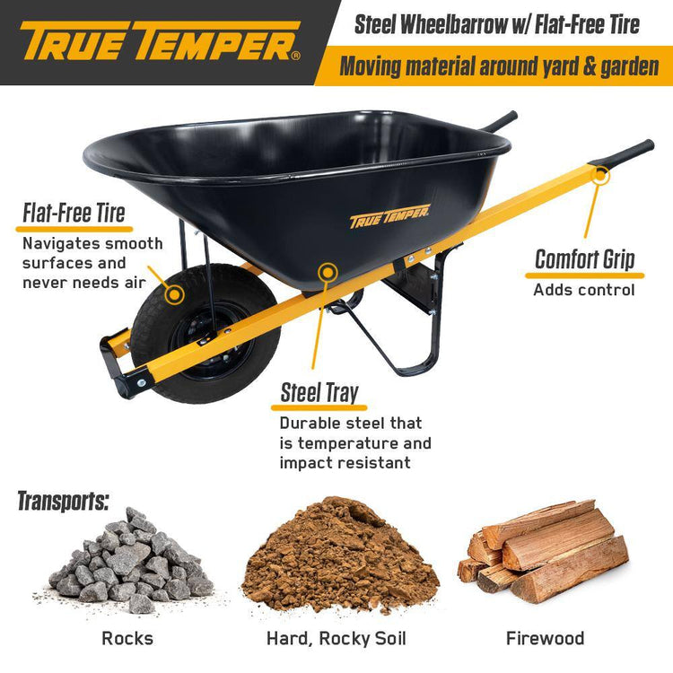 True Temper R6STFFEC 6 Cu. Ft.. Barrow in a Box Steel Wheelbarrow with Never Flat Tire and Steel Handles