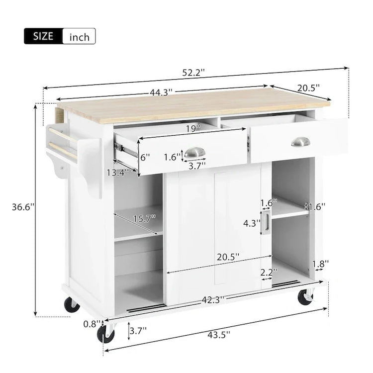 Kitchen Cart with Rubber Wood Drop-Leaf Countertop, Concealed Sliding Barn Door Adjustable Height, Kitchen Island on 4 Wheels