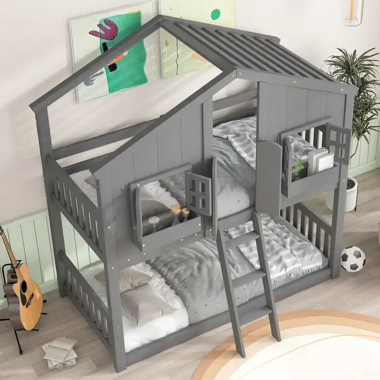 Twin Over House Bunk Bed with Roof, Window, Window Box, Door, with Safety Guardrails and Ladder, Grey