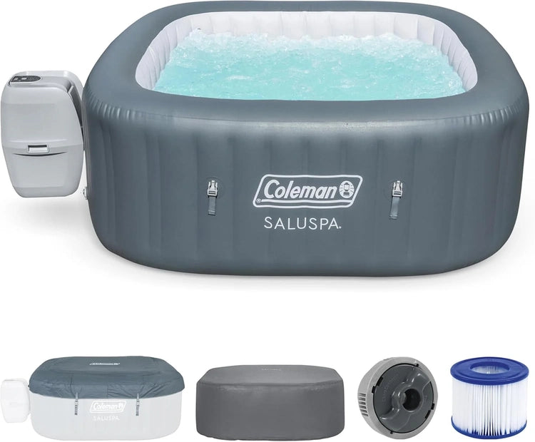 Coleman Saluspa Atlantis Airjet 4 to 6 Person Inflatable Hot Tub Square Portable Outdoor Spa with 140 Soothing Jets with Cover, Blue