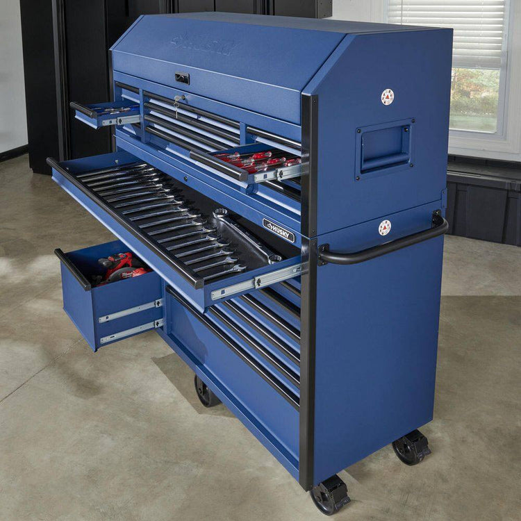 56 In. W X 22 In. D Heavy Duty 23-Drawer Combination Rolling Tool Chest and Top Tool Cabinet Set in Matte Blue