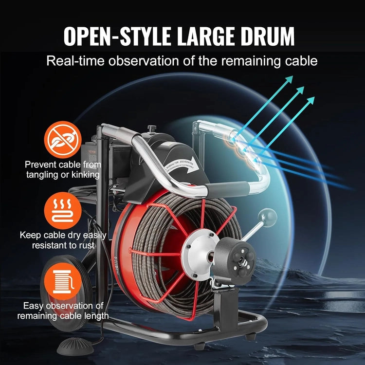 Drain Cleaner Machine 100FT X 1/2 Inch, Auto Feed Sewer Snake Auger on Wheels, 550W Portable Drain Cleaning Machine