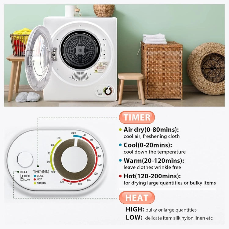Compact Laundry Dryer, 3.5 Cu. Ft. Front Load Stainless Steel Clothes Dryers with Exhaust Pipe, 1500W