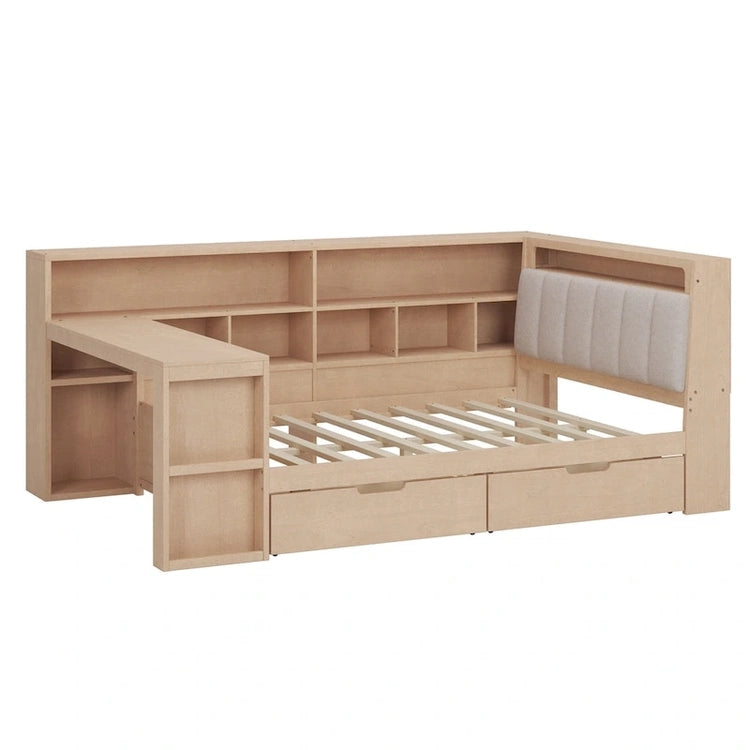 L-Shaped Wooden Sofa Daybed with Desk, Bookcase Cabinet, Corner Bed with Under-Bed Drawers, Upholstered Headboard Built-in Light