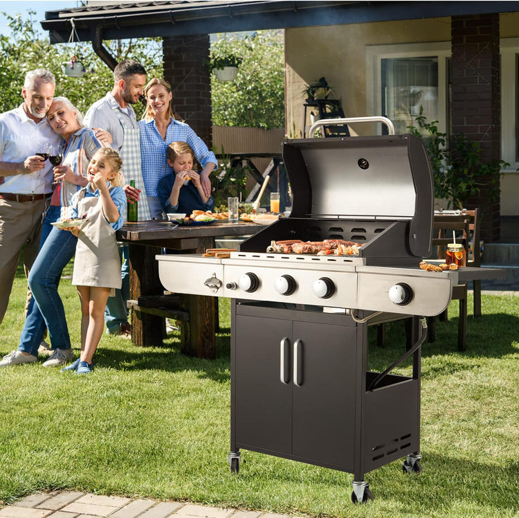 Upgraded 4 Burner BBQ Propane Gas Grill with Cast Iron Grates & Side Stove, 44,000 BTU Stainless Steel Burner Barbecue Grill for Patio, Camping
