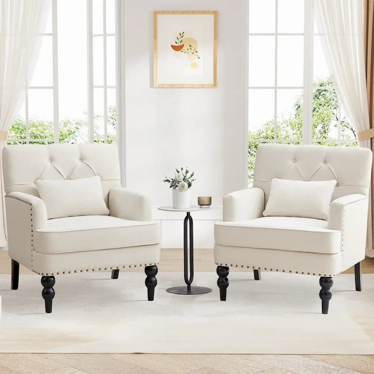 Set of 2 Arm Chair Upholstered Button Tufted Accent Chair with Lumbar Pillow Beige/Grey/Light Blue